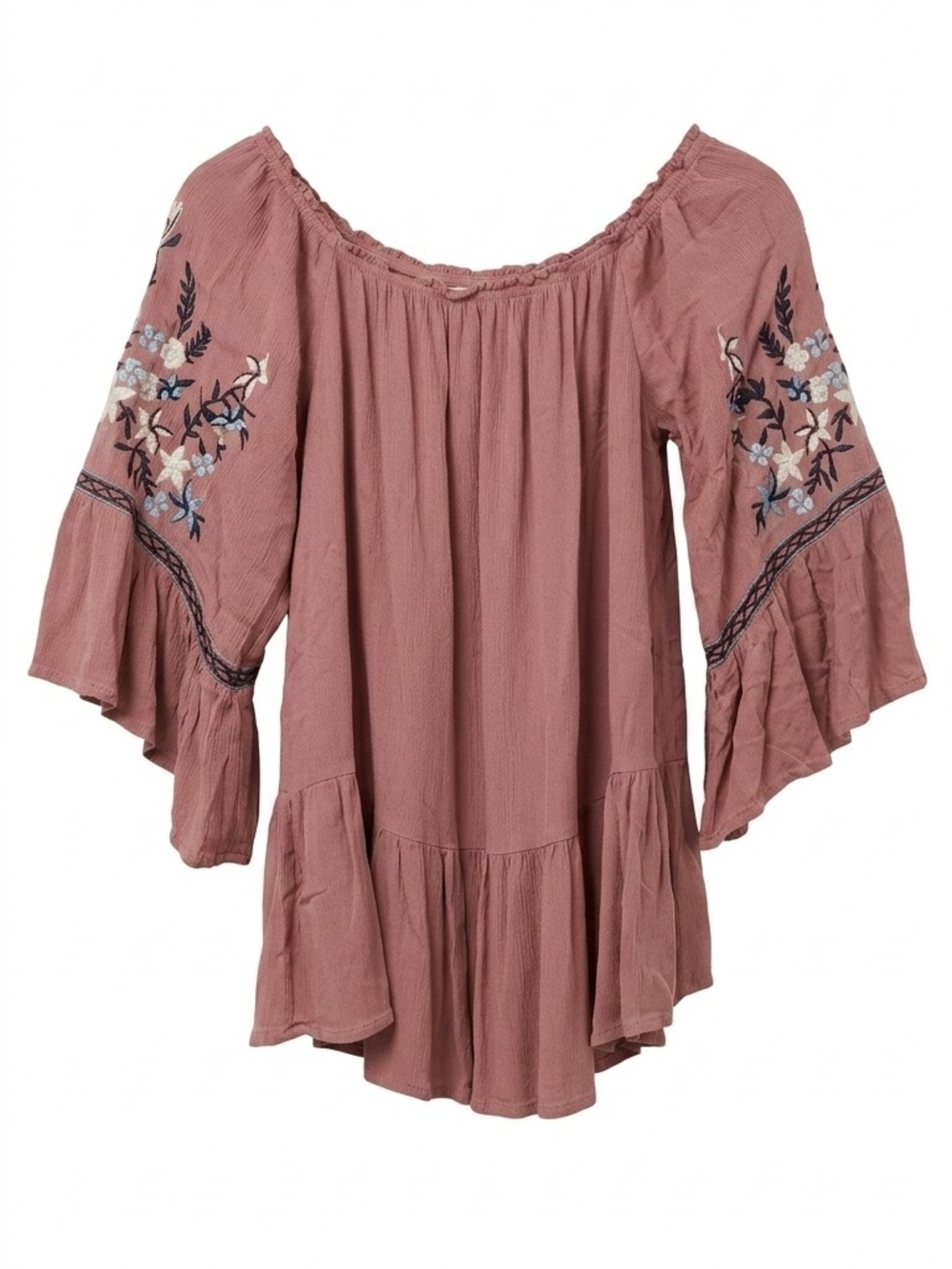 Altar'd State Mauve Embroidered Flutter Sleeve Peasant Top